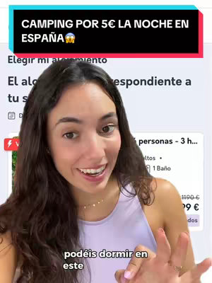 A woman with long brown hair is smiling and looking at the camera, holding her hands out. Over her head is a black banner with white text that reads "CAMPING POR 5€ LA NOCHE EN ESPAÑA". Behind her is an interface about choosing accommodation.