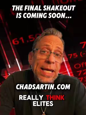 A man with glasses is the focal point, his face animated in a dynamic expression. He's set against a backdrop of what appears to be financial data, with numbers in the background, all in a combination of red and black. Overlaid text adds to the composition, reinforcing the message.