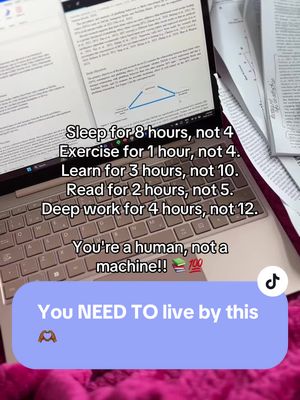 The cover image displays a laptop open on a bed with some pages and a pink blanket. The screen shows text related to a study schedule with positive wording. There are overlaid text elements on the bottom and a TikTok UI element in the bottom-right corner.