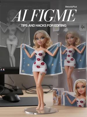 The cover image shows a Bratz-like doll figure, styled to resemble a celebrity, holding up a blue cloth. The doll is centered, dressed in a white strapless dress with red lip-shaped patterns. The background suggests a studio setting with other dolls and the 'BeautyPlus' logo in the top-right corner, complemented by the text overlay.