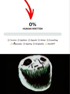 The image is divided into two sections. The top section displays a white background with a downwards-pointing red arrow. Below the arrow, the text reads "0% HUMAN WRITTEN". Beneath this text, red circles with white text are displayed, with text such as Turnitin, GptZero, OpenAi, etc. The bottom section displays the face of a stylized, creepy troll face with glowing green eyes and a wide, toothy grin.