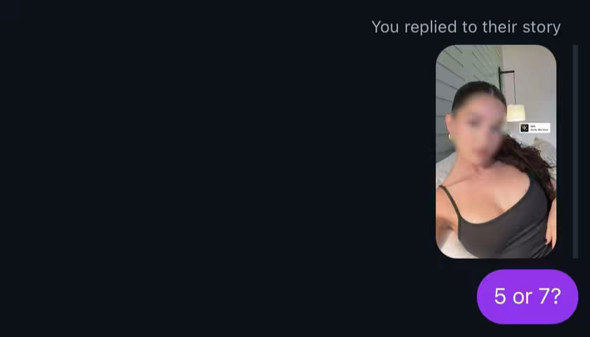 The cover image is a screenshot of a user's story reply on a social media platform. The main element is a blurred image of a person in a black top. The background is a simple dark blue. The text and interactive elements are overlaid.