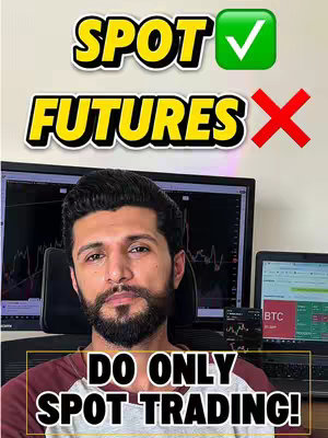 The cover image features a man in a casual setting, possibly in front of a computer setup. The background includes monitors displaying charts. Text overlays highlight the terms 'SPOT' and 'FUTURES,' with a checkmark next to 'SPOT' and an 'X' beside 'FUTURES,' emphasizing a trading preference. The text 'DO ONLY SPOT TRADING!' is prominently displayed.