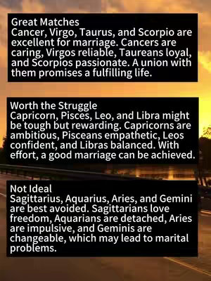 The image shows text arranged in three black rectangular boxes on a background featuring varying shades of orange and yellow, possibly representing a sunset or sunrise. The text content provides astrological advice and compatibility insights, while the overall composition emphasizes readability with clear font styles set against a contrasting backdrop.