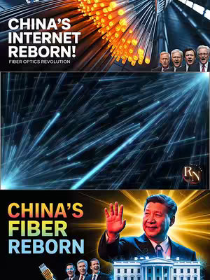 The cover image is a montage featuring three distinct sections. The top section shows a network of orange fiber optic cables, with a blurred background suggesting speed and connectivity. Below, a backdrop of blue streaks of light suggests data transmission. The bottom displays a portrait of a man, possibly a political figure, waving from the right, with what appears to be a building behind him. Combined, it combines themes of technology, global figures, and abstract network visualization, with text overlays that read "CHINA'S INTERNET REBORN".