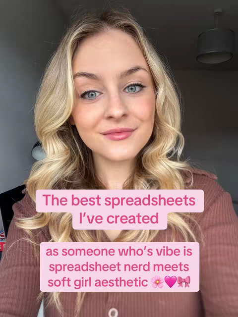 A selfie-style shot featuring a young woman with blonde hair and a pink top. Text overlays in pink boxes present the topics of spreadsheets and budgeting in a 'soft girl aesthetic' style.