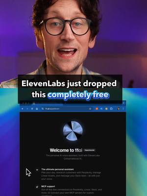A man wearing glasses is in the foreground, smiling and looking at the camera. Behind him is a blurred purple background. Below him, a screenshot of a web page on a laptop screen shows the ElevenLabs website, with a logo and text. The text overlay reads, 'ElevenLabs just dropped this completely free'.