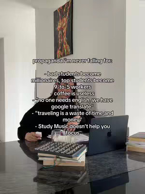 A woman is seated at a table with a laptop, papers, and books. Text overlays list criticisms of the study culture, questioning common ideas about success and productivity. The background suggests a home or office setting, with an abstract artwork on the wall.
