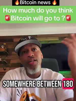 A man with a black cap and a grey beard speaks directly to the camera, with overlayed text boxes. The top text box is green and states 'Bitcoin news' with a flame icon on either side of it. The green text box underneath asks 'How much do you think Bitcoin will go to?'. The bottom text box at the bottom says 'SOMEWHERE BETWEEN 180' with a red square around the number.