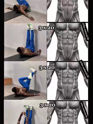 The cover image is a vertical split screen showing a fitness routine. On the left, there are four sequential images of a person performing abdominal exercises with a black mat underneath performing 3 different exercises. The person is wearing blue athletic clothing, and water can be seen on their body which can mean that they are sweating. On the right side, there are anatomical illustrations showing the muscles of the abdomen. In the center of the image, the text "3 x 20" is overlaid.