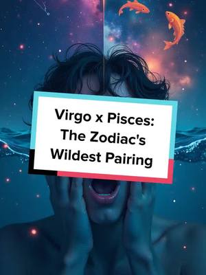 The image is a digital artwork with a surreal, ethereal theme. It features a central figure, whose face is partially obscured, with stylized, dark hair. Their hands are near their face, creating a sense of distress. Overlaying the face is a rectangular text box containing the title 'Virgo x Pisces: The Zodiac's Wildest Pairing'. The background is split vertically with a starry or galaxy-like pattern on the left and a warmer, possibly fiery color palette on the right. Two stylized fish are floating in the upper right of what appears to be a water element. The overall tone is mystical and possibly foreboding.