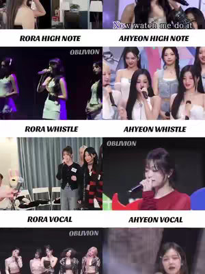A split-screen image showcasing vocal performances of two individuals, Rora and Ahyeon, with the text overlays indicating different vocal techniques, such as high notes and whistles. The layout features a clear division, with the videos of the singers on the top, and the videos with lyrics are on the bottom. The overall composition focuses on visual contrast.