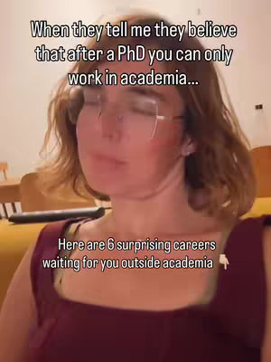 The cover image shows a woman with shoulder-length hair and glasses looking up slightly, the background blurred. Two text overlays appear above her head in the upper left and in the lower mid section.