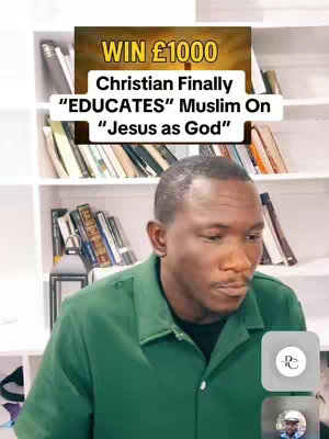 A man with short dark hair wearing a green collared shirt is centered in the frame, with a bookshelf filled with books behind him.  There's a text overlay at the top with a gold banner that reads "WIN £1000" and the main headline mentions Christian and Muslim viewpoints on Jesus.