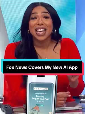 A woman with long dark hair and a red top is speaking while holding a phone with a "save the date" graphic. The background shows a studio setting with a screen and the Fox News logo.