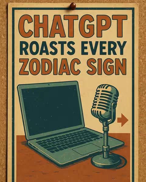 A vintage-style poster featuring the text 'ChatGPT Roasts Every Zodiac Sign' in bold, orange and teal letters. Below this, a teal laptop displaying a dark screen is set on a brown surface. To the right, a retro microphone on a stand points towards a right arrow, further enhancing the comedy theme.