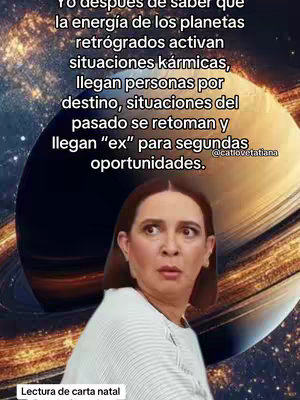 The cover image features a woman with dark hair and a white collared shirt, her expression one of surprise, against a backdrop of a cosmic-looking background. Overlayed on the image is text in Spanish, with the creator's handle.
