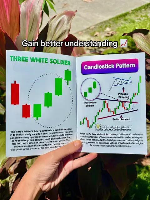 A person's hands are holding open a book with trading charts and diagrams in front of a background of leafy green and red foliage. The book's pages display trading patterns and concepts with explanatory text. The overlay presents text in a modern, readable font.