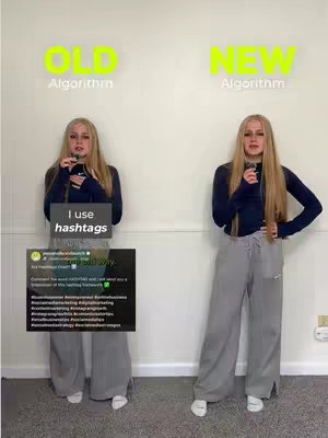 The cover image is split in half, displaying two side-by-side images of the same person. On the left, the text overlay reads 'OLD Algorithm', and on the right, 'NEW Algorithm'. In the left image, the person holds a tablet with a social media post, while in the right image, she poses with a microphone. Both images have a bright, white background.