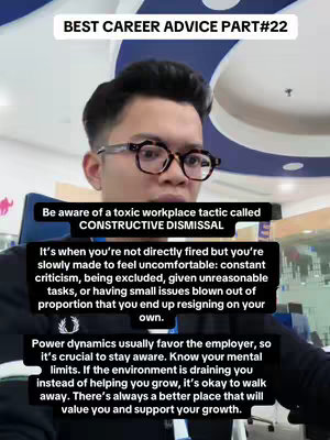 A man with glasses is centered in a selfie-style shot. Above him, text states 'BEST CAREER ADVICE PART#22'. Below, a text box provides career advice on constructive dismissal. The background has a textured design, likely of a ceiling.