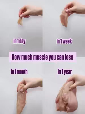 The image is a square graphic, divided into four equal quadrants. Each quadrant contains a close-up photo of a hand holding a piece of raw chicken, simulating muscle loss over time. The top left shows a small piece. The top right piece is slightly bigger. The bottom left and right show increasingly large pieces. Text overlays at the top-left state "in 1 day", top-right states "in 1 week", then, bottom-left states "in 1 month", and bottom-right states "in 1 year." In the middle of the image and under the images, the text states "How much muscle you can lose".