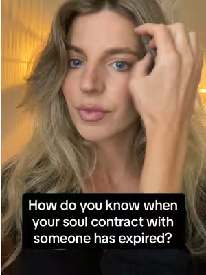 The cover photo features a woman with blonde hair in front of a soft-lit background. She appears to be holding her hand near her face. Below, a black text box overlays the image with the question: "How do you know when your soul contract with someone has expired?"