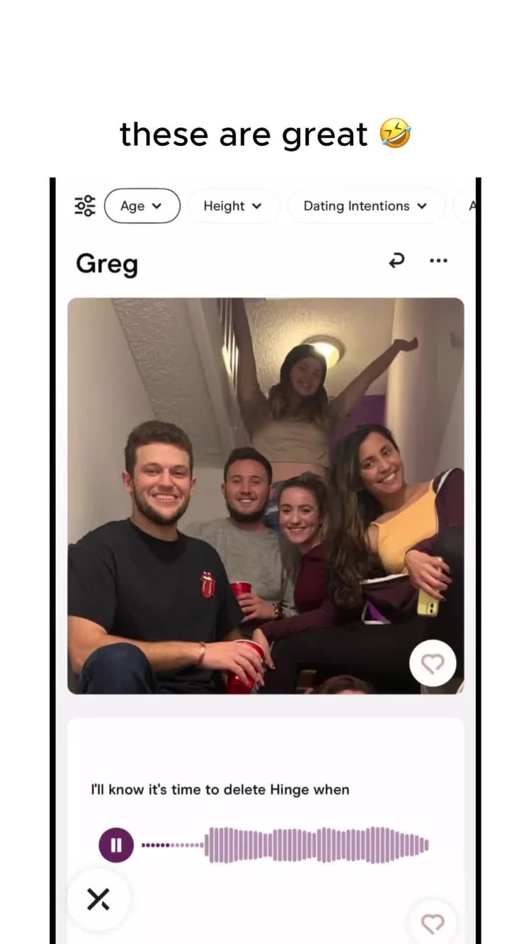 The cover image is of a phone screen displaying a dating app interface. It showcases a group of friends on a video call alongside a dating app screen. The text overlay on the image reads, 'these are great.' The app interface shows profile information and the text 'I'll know it's time to delete Hinge when'. The overall composition suggests a humorous commentary on dating apps.
