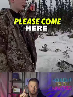 The cover image is split into two sections. The top half shows a person in camouflage attire speaking with some device in a snowy outdoor setting. Text overlayed reads "PLEASE COME HERE" in contrasting colors. The bottom half features a man in a studio setup, pointing upwards with focus. Behind him is dark shelf with lights.
