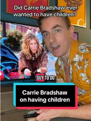 A man with fair skin is speaking to the camera, positioned on the right side of the frame. Behind him, a screen shows a scene with Carrie Bradshaw from 'Sex and the City'. Overlayed text at the top asks 'Did Carrie Bradshaw ever wanted to have children?' A black rectangle at the bottom features more text.