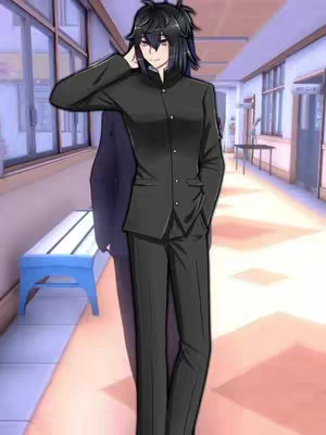 An illustration of a young man in a black uniform standing in a school hallway. He leans against the wall with one arm, and the details such as the pose and attire. The background shows a typical school hallway with windows and a bench.