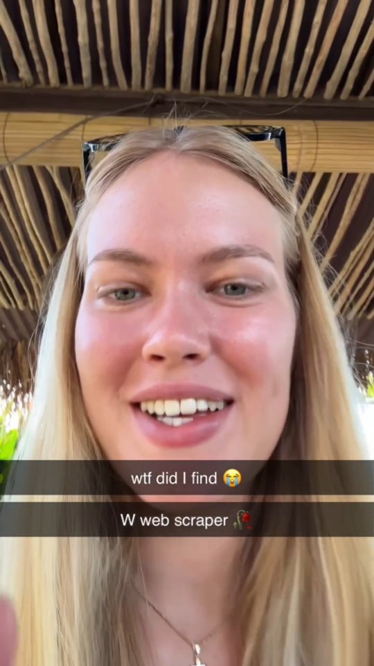 A close-up selfie of a woman with blonde hair and fair skin, smiling. Overlay text boxes at the bottom reads, "wtf did I find," followed by an emoji and "W web scraper", a rose symbol.