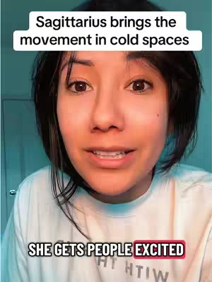 A short video shows a woman speaking to the camera. The top part of the screen has the text "Sagittarius brings the movement in cold spaces". Below the woman and highlighted in red is the text "SHE GETS PEOPLE EXCITED".