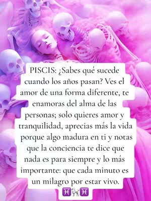 An artistic image with a pink and purple color scheme featuring a woman with closed eyes among skeletons. Text in Spanish is overlaid, giving quotes about the zodiac sign. The background is blurred, with shades of purple and pink, creating a dreamy, otherworldly atmosphere.