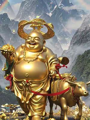 A golden statue of a smiling Buddha-like figure, holding a golden object in one hand, and a golden ox. The background shows a mountain scene with a partial rainbow. The overall composition is rich with gold and vibrant colors.
