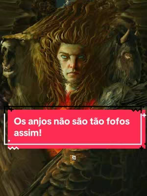 The image features a digitally rendered depiction of an angel-like figure in a dark, somewhat ominous style. The central figure has pale skin, intense blue eyes, and long, wavy brown hair. Behind the main figure are additional monstrous, animalistic faces, which add to the unique and almost disturbing portrayal. Overlayed is a large, red banner with the words 'Os anjos não são tão fofos assim!' in white, bold text.