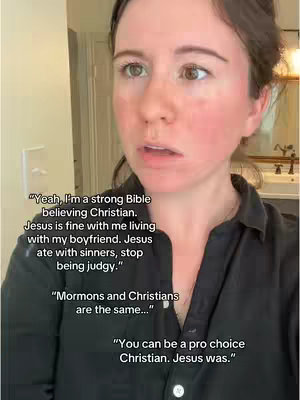 A woman with fair skin and dark hair stands, looking slightly to the side with an expression that seems to be one of contemplative concern. She wears a dark button-down shirt against a blurred backdrop of a bathroom with fixtures. Overlayed text includes several quotes discussing her Christian faith, her views on sin, and her view on Mormons.