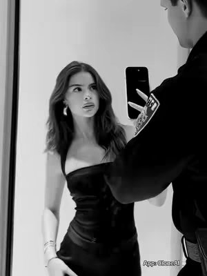 A black and white image shows a woman in a black dress looking up with a concerned expression as a man in a police uniform holds a phone to her. The background is plain and washed out.