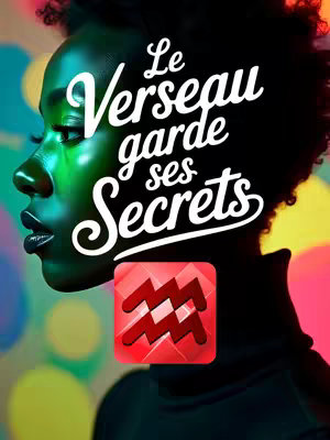 The cover image presents a stylized portrait of a woman from the side, with a dark complexion and distinctive features, illuminated by vibrant green lighting on her face. Overlaid on her image is bold, white text that reads "Le Verseau garde ses Secrets" suggesting a focus on the Aquarius zodiac sign. In the bottom center is a red square containing the symbol of Aquarius in white. The background has a splash of colors.