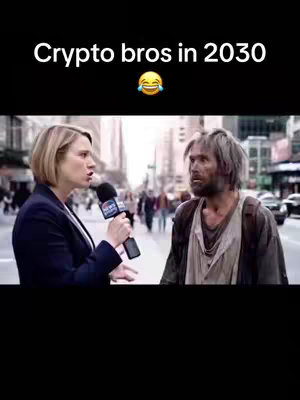 The image shows a woman in a blazer holding a microphone, interviewing a disheveled man on a city street. Above the interview scene, text reads, 'Crypto bros in 2030' with a laughing emoji.