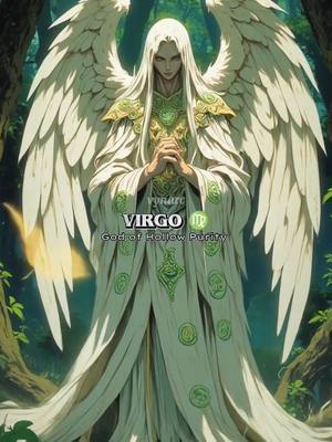 An AI-generated image of a long-haired figure with large white feathered wings. The figure wears a white robe with green patterns and gold accents, positioned with their hands clasped in front. The background suggests a forest or outdoor setting with green foliage.