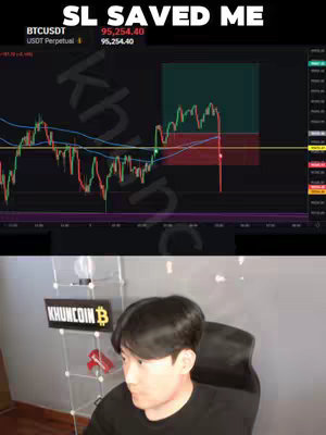The cover image presents a split view. The top part showcases a trading chart with red and green lines, indicating market fluctuations, alongside a text overlay that reads 'SL SAVED ME'. Below this, a person is visible, sitting in front of what seems to be a computer display, with the logo 'KHUNCOIN' on a sign in the background suggesting the person's focus on cryptocurrency-related content.