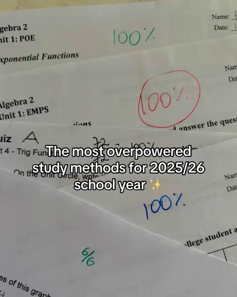 The image shows a close-up view of several student papers with grades marked on them. The grades include '100%' in green and red circles, and some with fractional markings. The text overlay provides a hook to study methods for future school years.