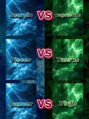 The cover image is a collage with a vertical split down the middle. On the left side, there is recurring cloudy lightning, in the color blue. On the right side, the same cloudly background is repeated in the color green. On top of each background images, there is text with white font, neon red highlights, and shadows, with text like, 'Scorpio vs Capricorn'.