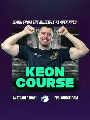 The cover image features a man flexing his arms and smiling. Above him, text reads "LEARN FROM THE MULTIPLE #1 APEX PRED". Large, bold text in the center says "KEON COURSE". At the bottom are the words "AVAILABLE NOW!" and the FPSLOUNGE.com logo.