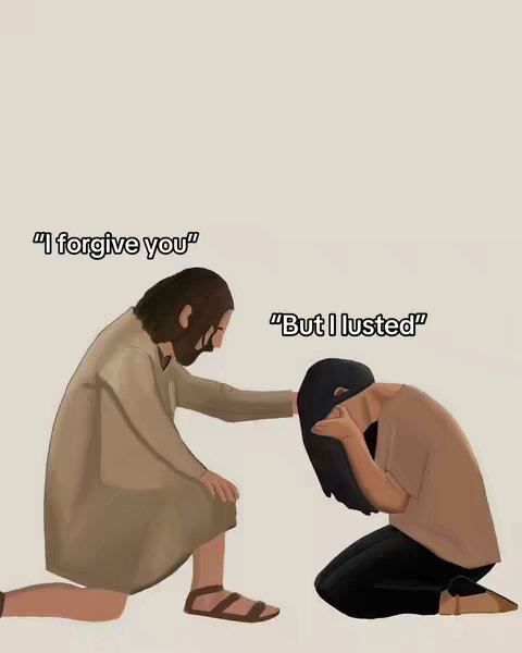 An illustration depicting Jesus kneeling and reaching out to a person, who is also kneeling and is covering their face. Text overlays represent dialogue.