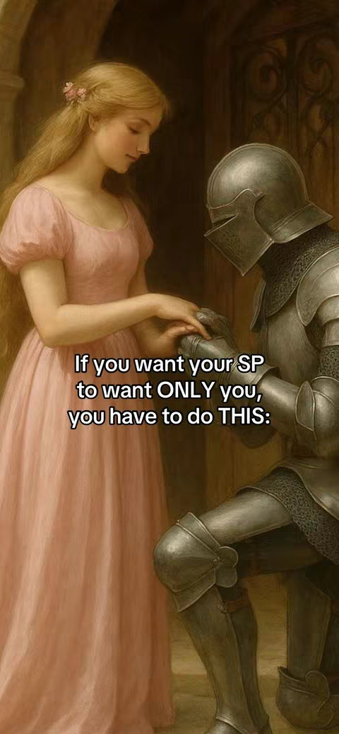 The cover image is a digital artwork featuring a woman in a pink, flowing dress and a knight in full armor. The woman has long, flowing blonde hair and is looking down with a gentle expression. The knight is kneeling, facing away, the details of their armored back facing the viewer. Text is overlaid on the image in white, appearing at the bottom, which is the hook.