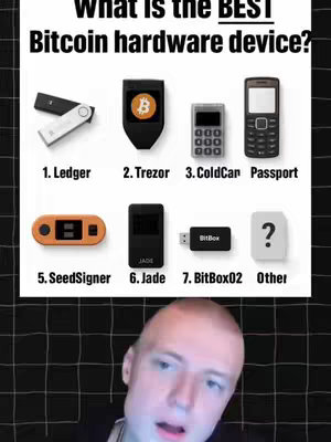 The cover image features a comparative graphic with the creator's face overlaid. The graphic showcases a series of Bitcoin hardware devices against a white background, including logos and names. The creator is in the foreground, looking towards the camera.