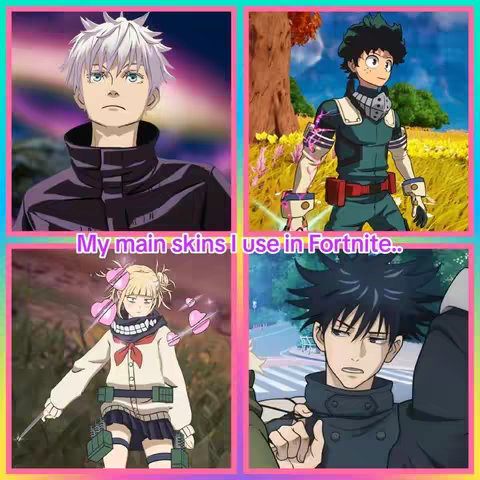 The image is a collage-style layout, divided into four quadrants. Each quadrant contains a different character from well-known anime. The text 'My main skins I use in Fortnite..' is overlaid on the image. The color scheme is vibrant, with a pink outer frame and colored boxes for each character. The overall composition suggests a gaming or fan-related theme.