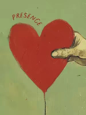 An artistic image featuring a large red heart held by a hand against a light green background. The word "PRESENCE" is arched above the heart. The heart has a textured, painted appearance, and a single black line flows from its point.