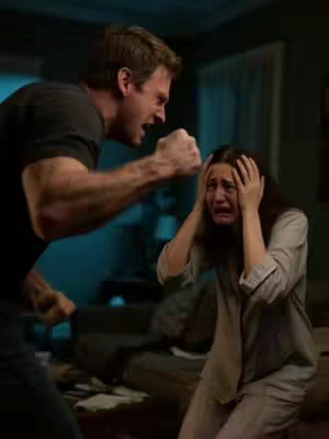 A man, with his fist raised, appears to be yelling at a woman, who is holding her hands up to her face in a defensive posture, with a look of distress and fear. The scene is set indoors.